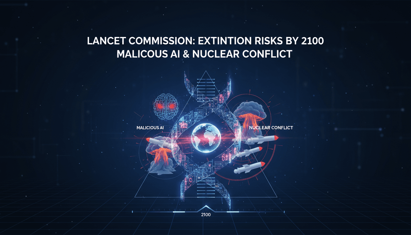 Infographic showing the risks of malicious AI use and nuclear conflict on global health and survival.