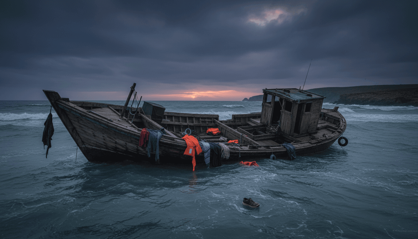 A capsized migrant boat off the coast of Djibouti, symbolizing the dangers of migration.