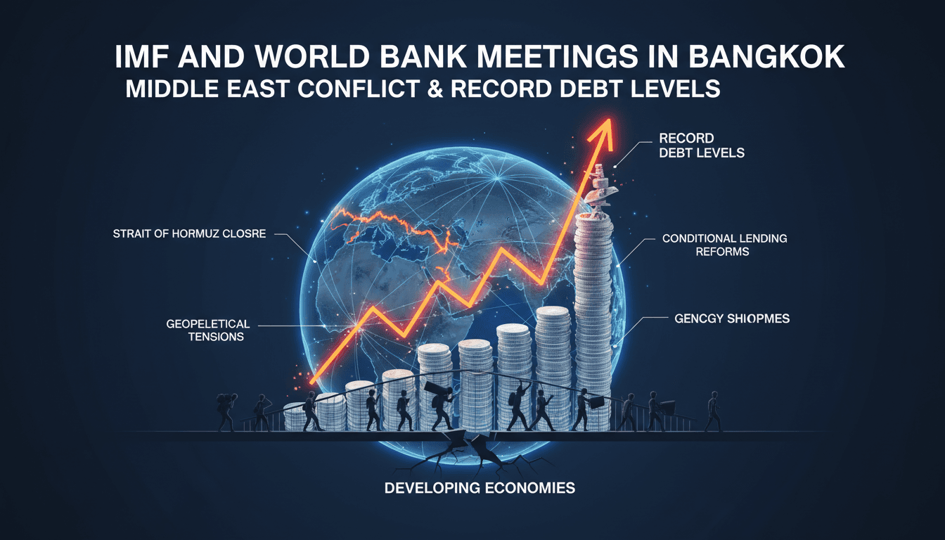 Infographic showing the impact of IMF-World Bank meetings on global debt and energy supply disruptions.