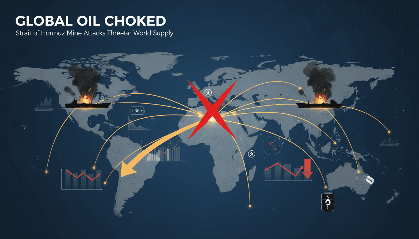 Infographic showing oil flow through the Strait of Hormuz and potential disruptions from IRGC mine claims.