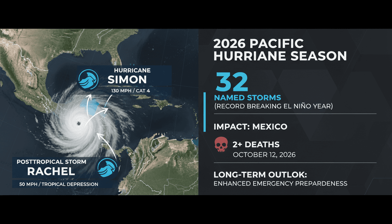 Infographic detailing Hurricane Simon and Rachel's impact, including storm statistics and emergency response efforts.