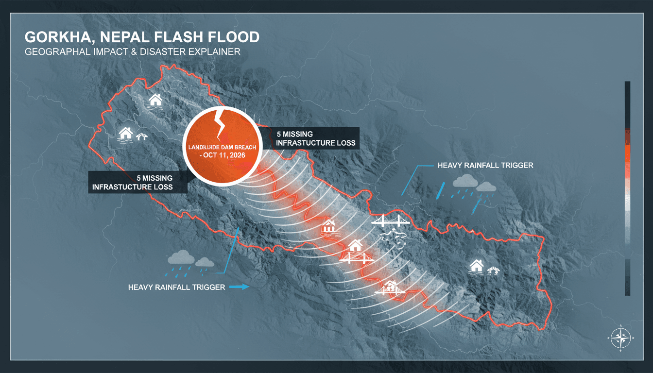 Aerial view of the Budhi Gandaki River area affected by the flash flood in Nepal, showing damaged infrastructure and rescue operations.