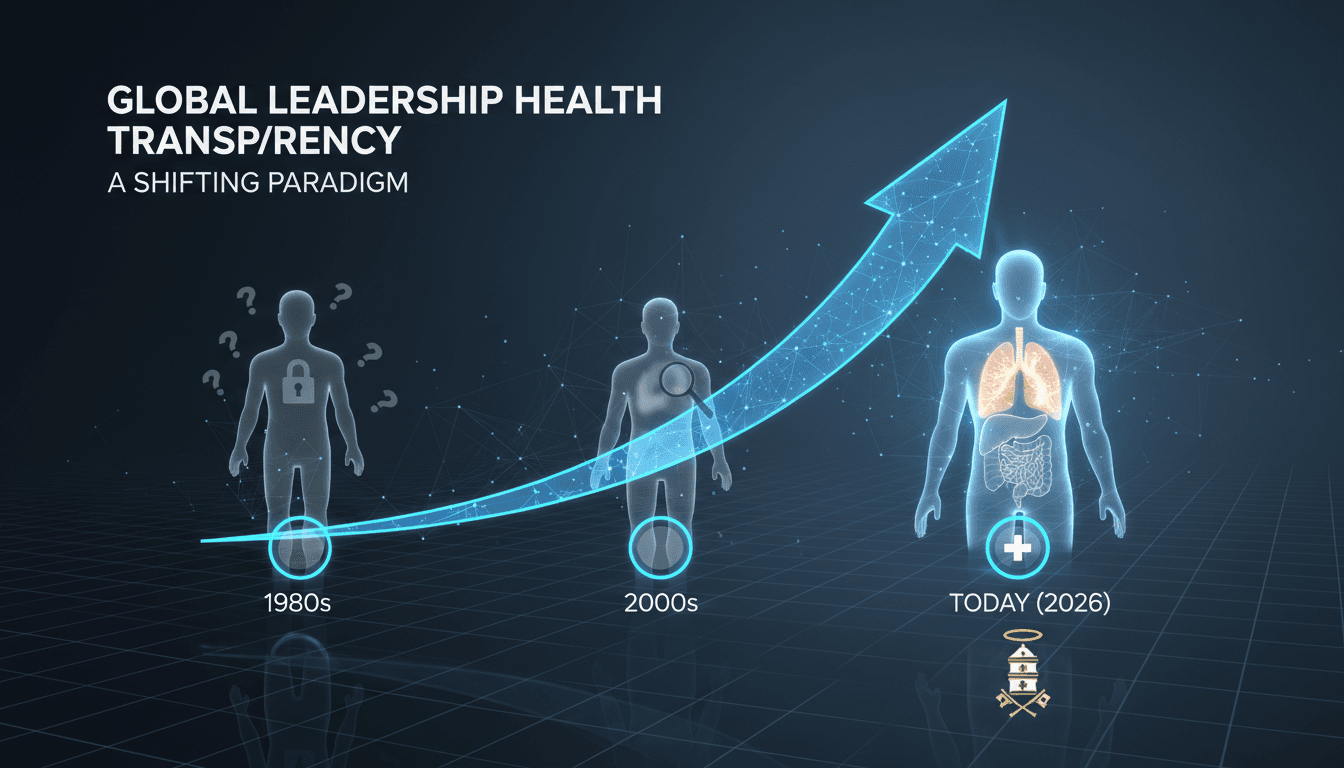Infographic showing the trend of transparency in leadership health disclosures, featuring Pope Leo XIV's recent surgery.