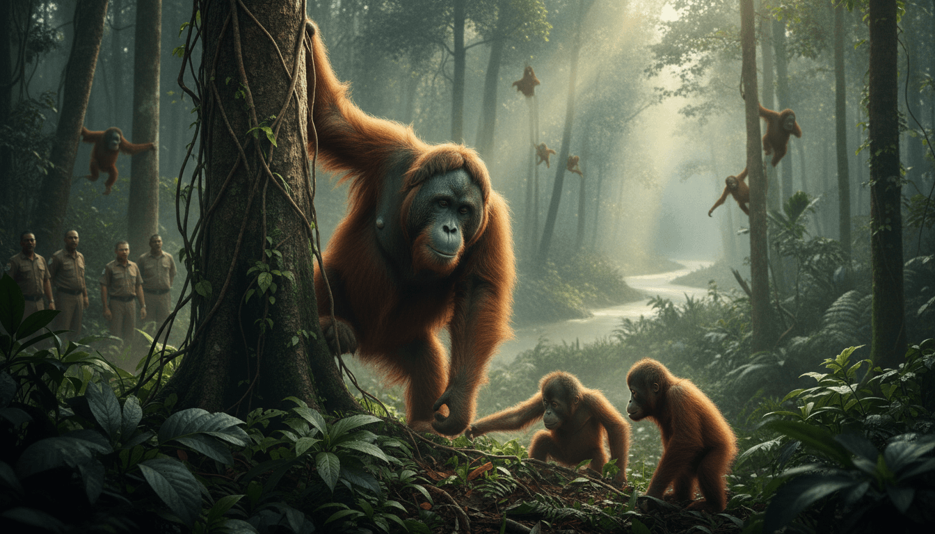 Eight Bornean orangutans being released into a lush protected forest in Indonesia, showcasing wildlife conservation efforts.