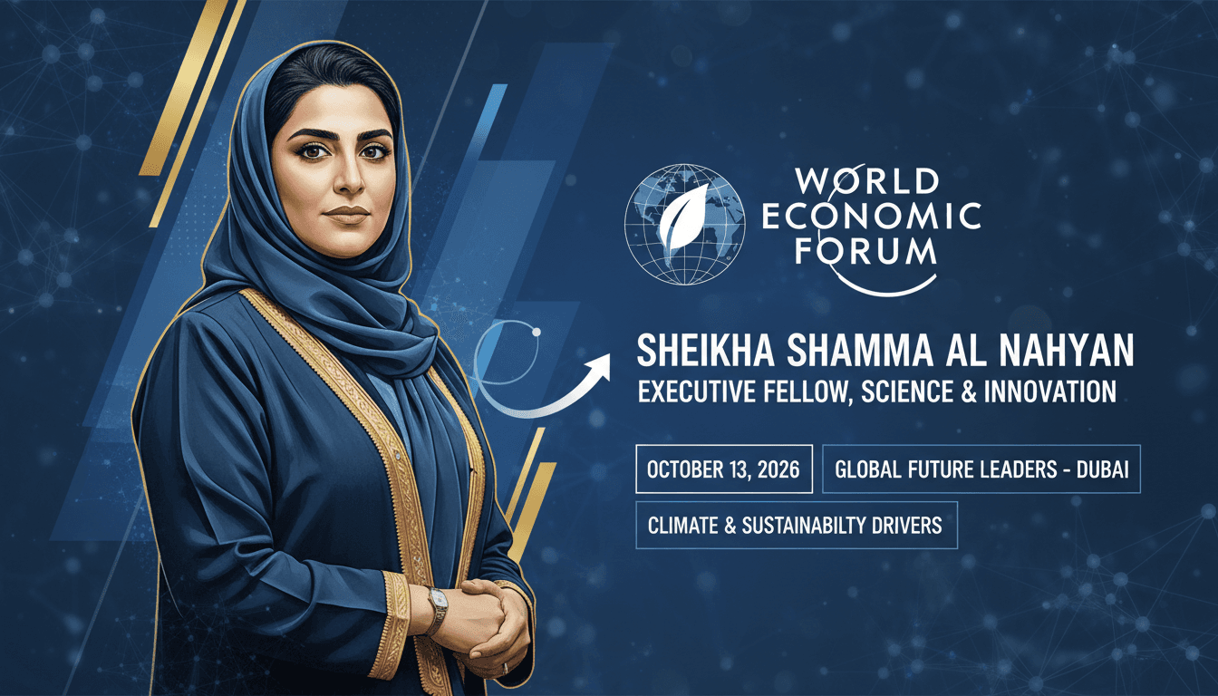 Sheikha Shamma bint Sultan bin Khalifa Al Nahyan appointed as Executive Fellow at the World Economic Forum, focusing on sustainability and innovation.