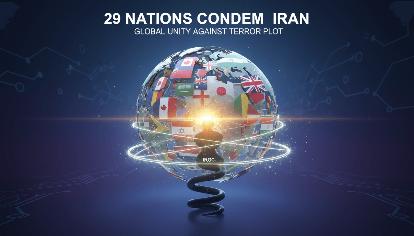 A graphic showing the flags of the 29 nations condemning Iran's alleged plot against RAF Fairford air base.
