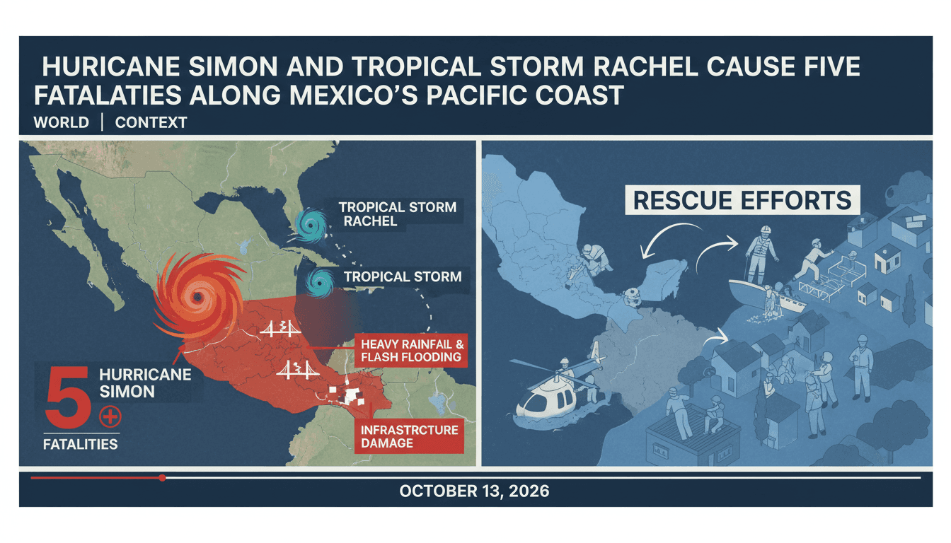 Infographic detailing the impact of Hurricane Simon and Tropical Storm Rachel on Mexico's Pacific coast, including fatalities and rescue operations.