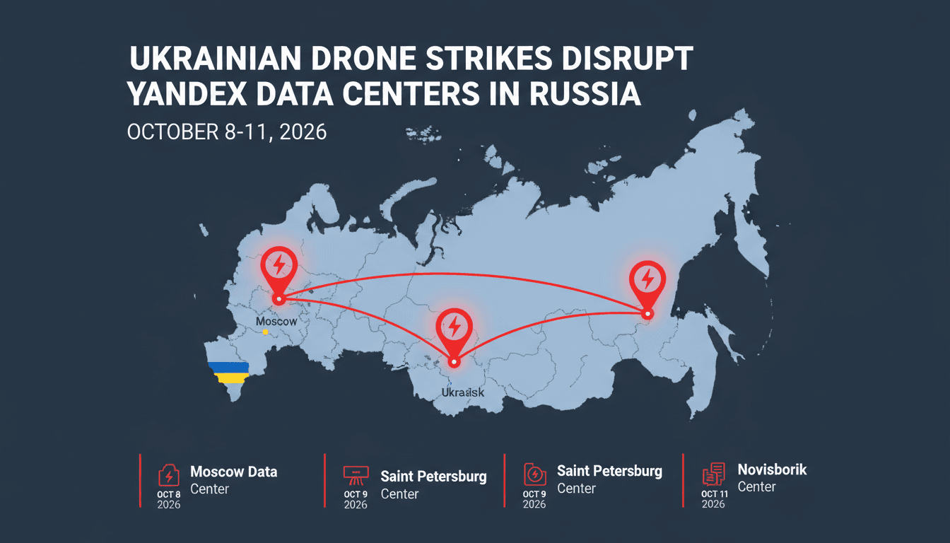Map showing locations of Yandex data centers targeted by Ukrainian drone strikes during the conflict.