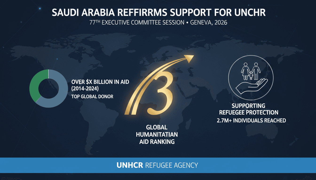 Saudi Arabia's commitment to UNHCR refugee protection highlighted in a bold infographic.