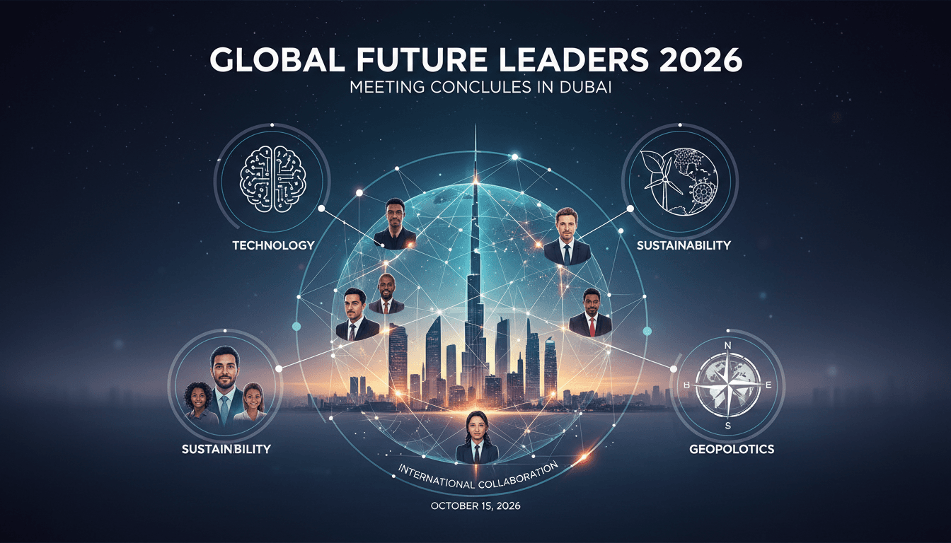 Sheikh Hamdan bin Mohammed at the Global Future Leaders Summit 2026 in Dubai, showcasing diverse global leaders and themes.