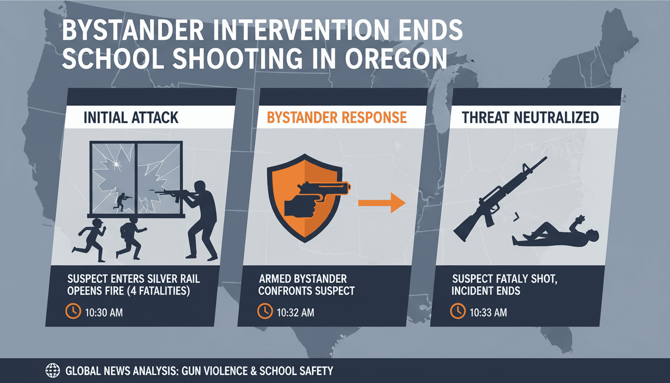 Infographic detailing the timeline and impact of the Silver Rail Elementary School shooting in Oregon.