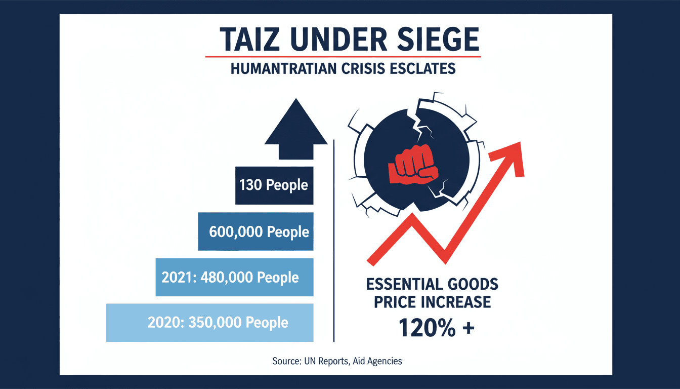 A map highlighting Taiz in Yemen, showing conflict zones and humanitarian aid routes.