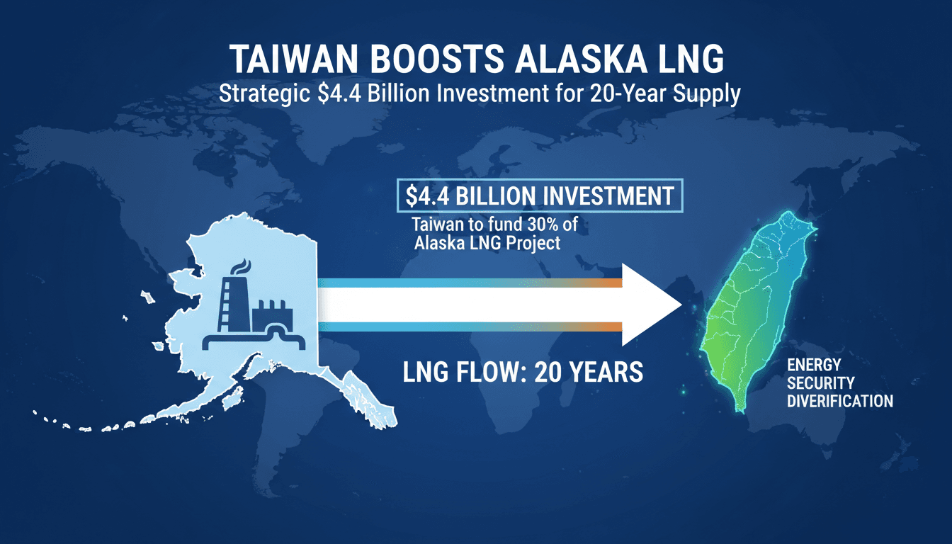 Infographic showing Taiwan's $4.4 billion investment in Alaska LNG project and its impact on energy supply chains.
