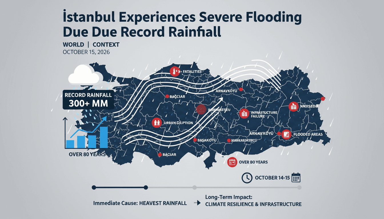 Aerial view of flooded streets in Istanbul during the October 2026 floods, showcasing the impact of record rainfall.