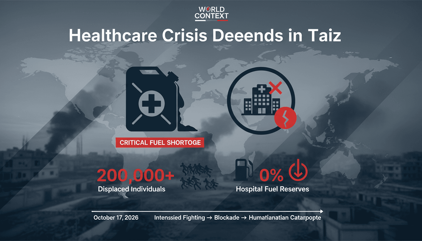 Infographic depicting the healthcare crisis in Taiz, Yemen, highlighting fuel shortages and displacement numbers.