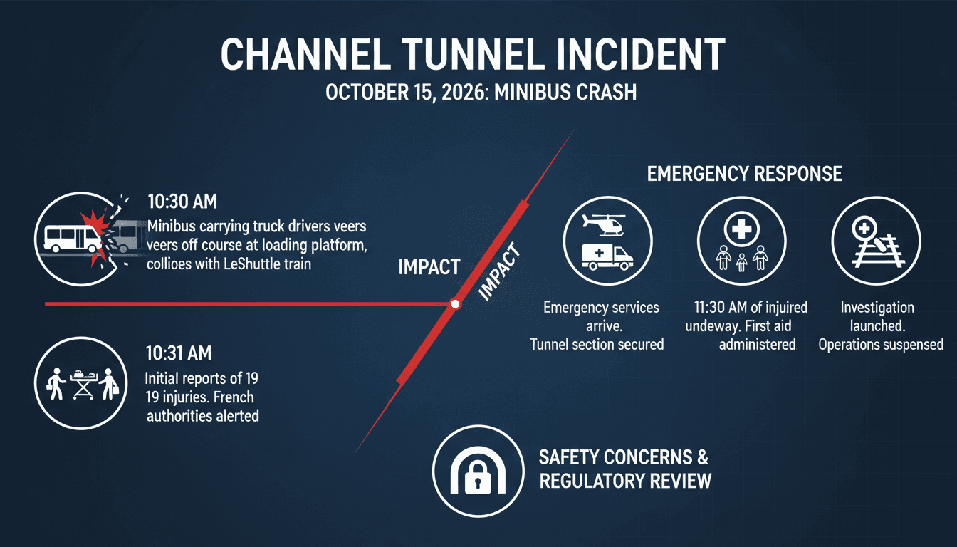 Emergency responders at the Channel Tunnel after a minibus collided with a train, resulting in 19 injuries.