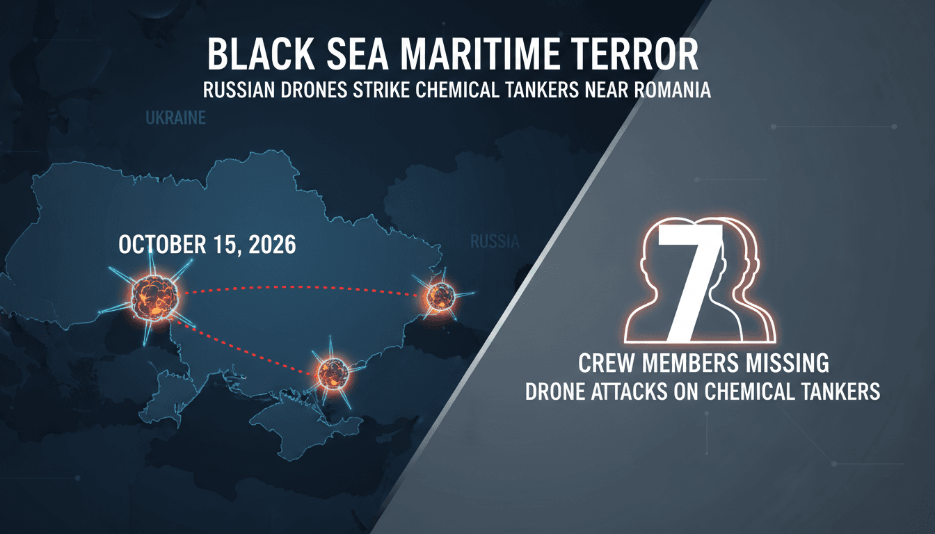 Map showing drone strike locations in the Black Sea affecting chemical tankers and crew safety.