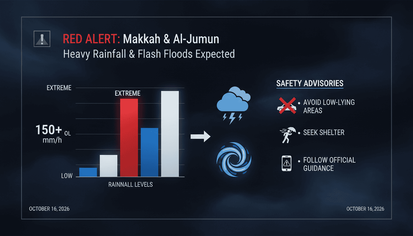 A weather map highlighting the red alert for heavy rainfall and flash floods in Makkah, Saudi Arabia.