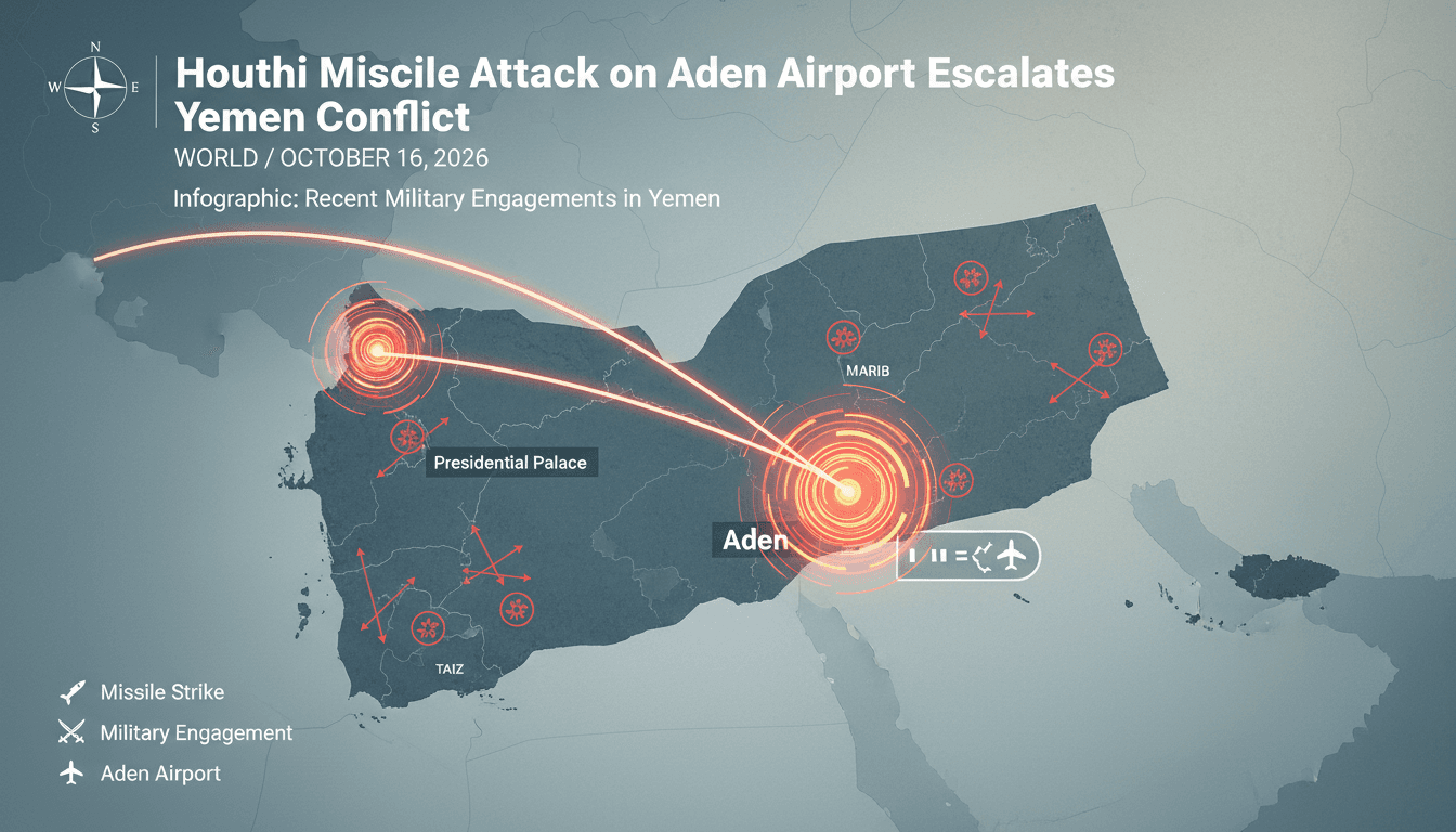 A map showing missile strike locations in Yemen and the impact on Aden Airport.