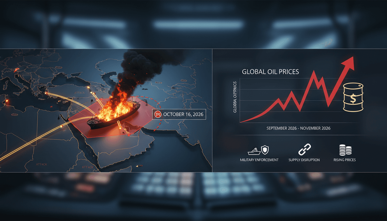 An oil tanker on fire in the Strait of Hormuz, highlighting the impact on global oil markets.