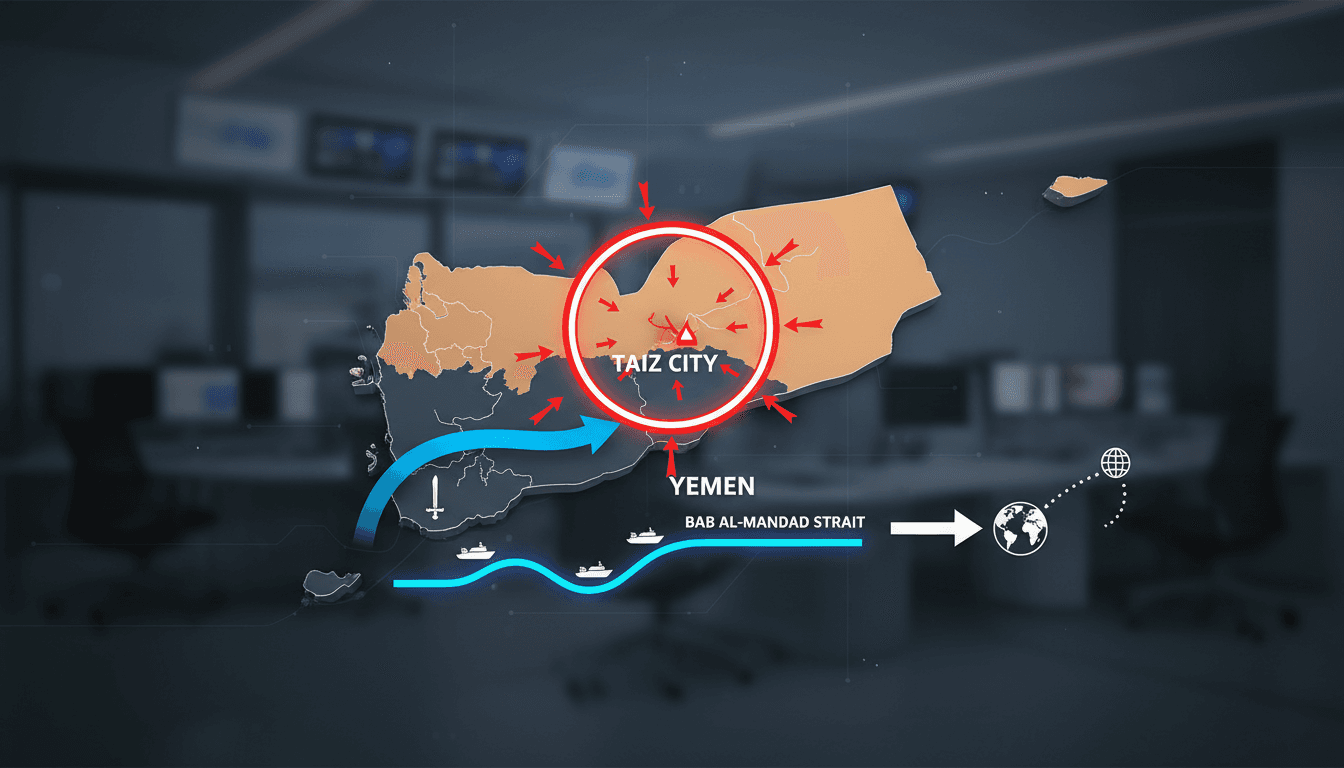 A map showing the encirclement of Taiz City by Houthis and the strategic Bab al-Mandab Strait.