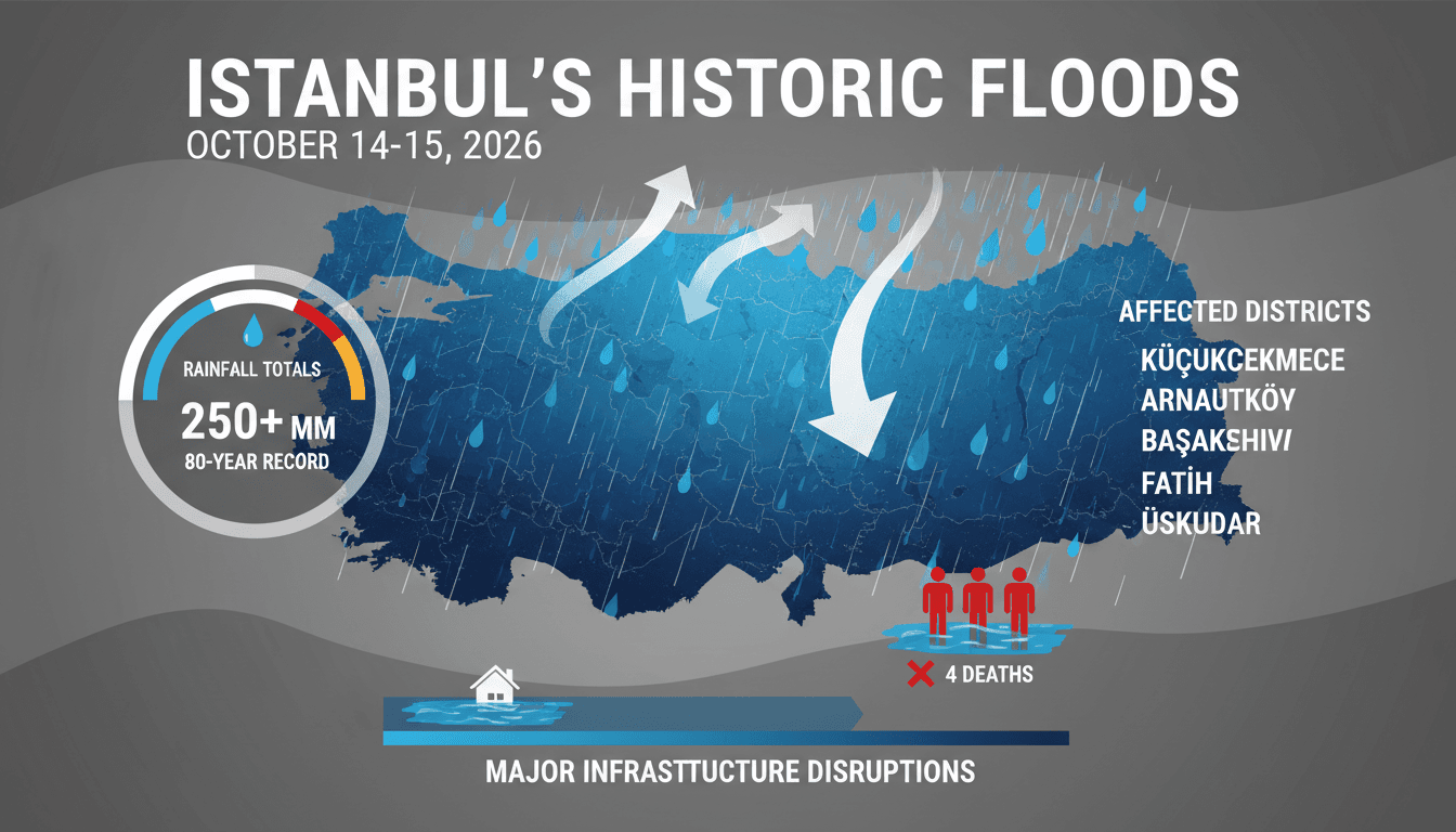 Aerial view of flooded streets in Istanbul during the catastrophic flooding event in October 2026.