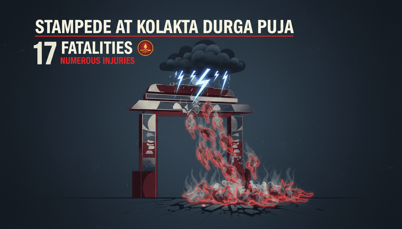 A somber scene depicting the aftermath of the Kolkata Durga Puja stampede, highlighting the need for improved crowd safety measures.
