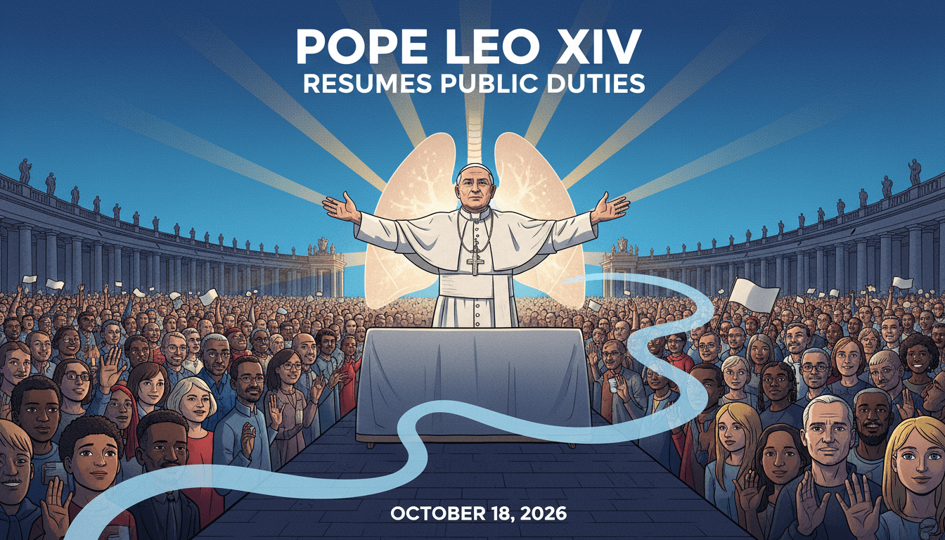 Pope Leo XIV delivering the Angelus blessing in St. Peter's Square after recovering from lung cancer surgery.