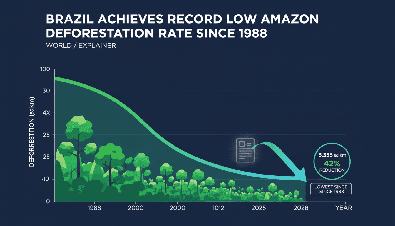 Infographic showing the decline in Amazon deforestation rates since 1988, emphasizing the record low achieved in 2026.