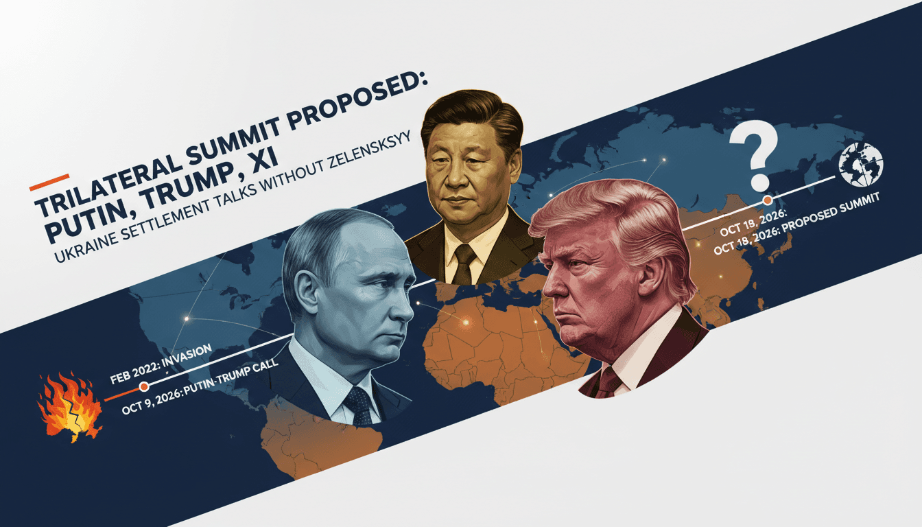 Leaders Putin, Trump, and Xi discussing a potential summit on Ukraine, with a backdrop of the ongoing conflict timeline.