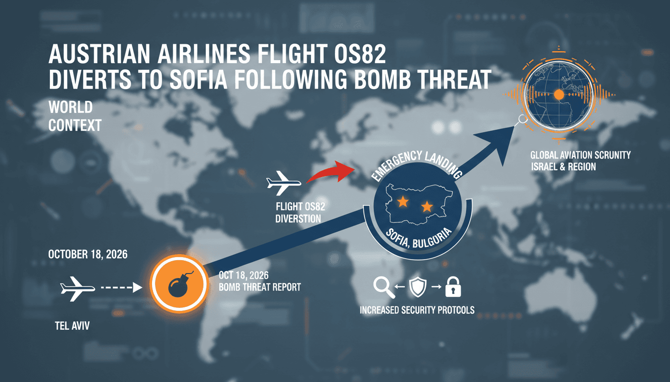 An infographic detailing the Austrian Airlines flight OS82 bomb threat incident and response measures.