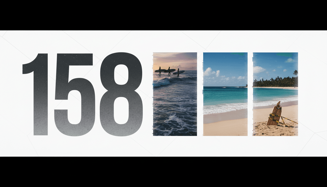 A graphic showing the number 158 with images of surfers and a beach, highlighting the sentencing of the perpetrators.