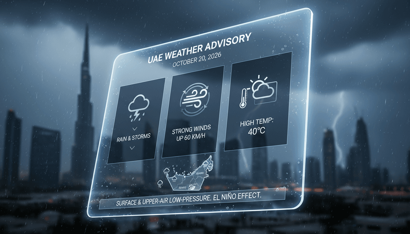 Infographic depicting UAE weather forecast with rain, strong winds, and temperature highs.