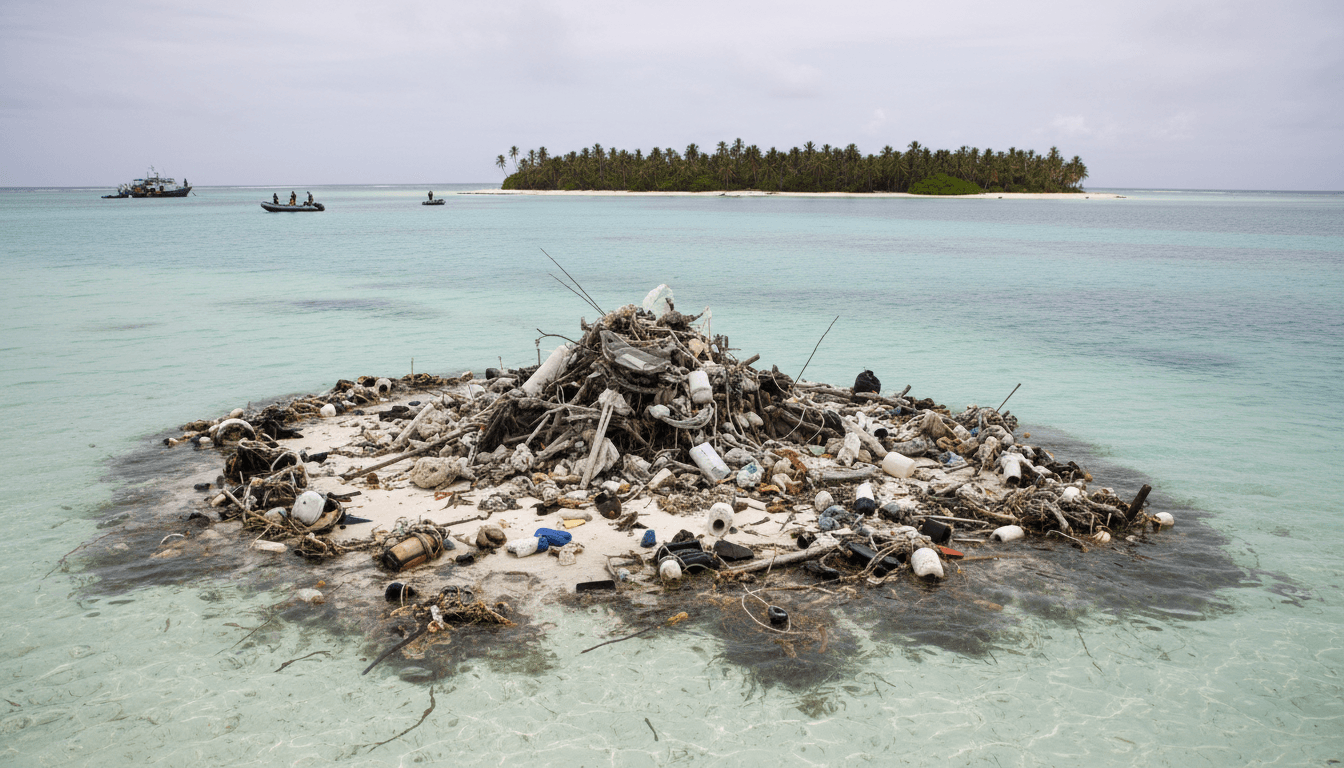 Aerial view of the Taraia Peninsula lagoon in Kiribati, highlighting the natural debris mistaken for Amelia Earhart's plane.