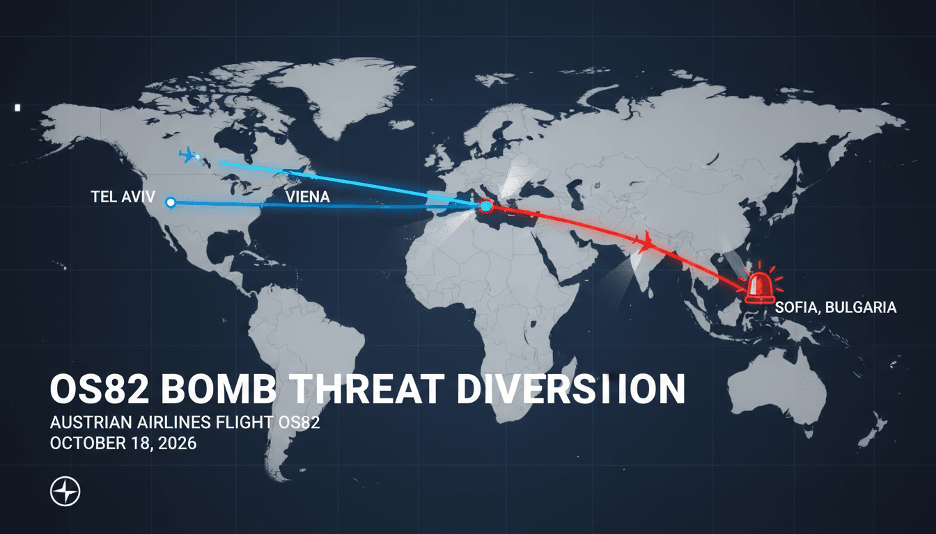 A graphic showing the diversion of Austrian Airlines Flight OS82 to Sofia after a bomb threat, emphasizing aviation security.