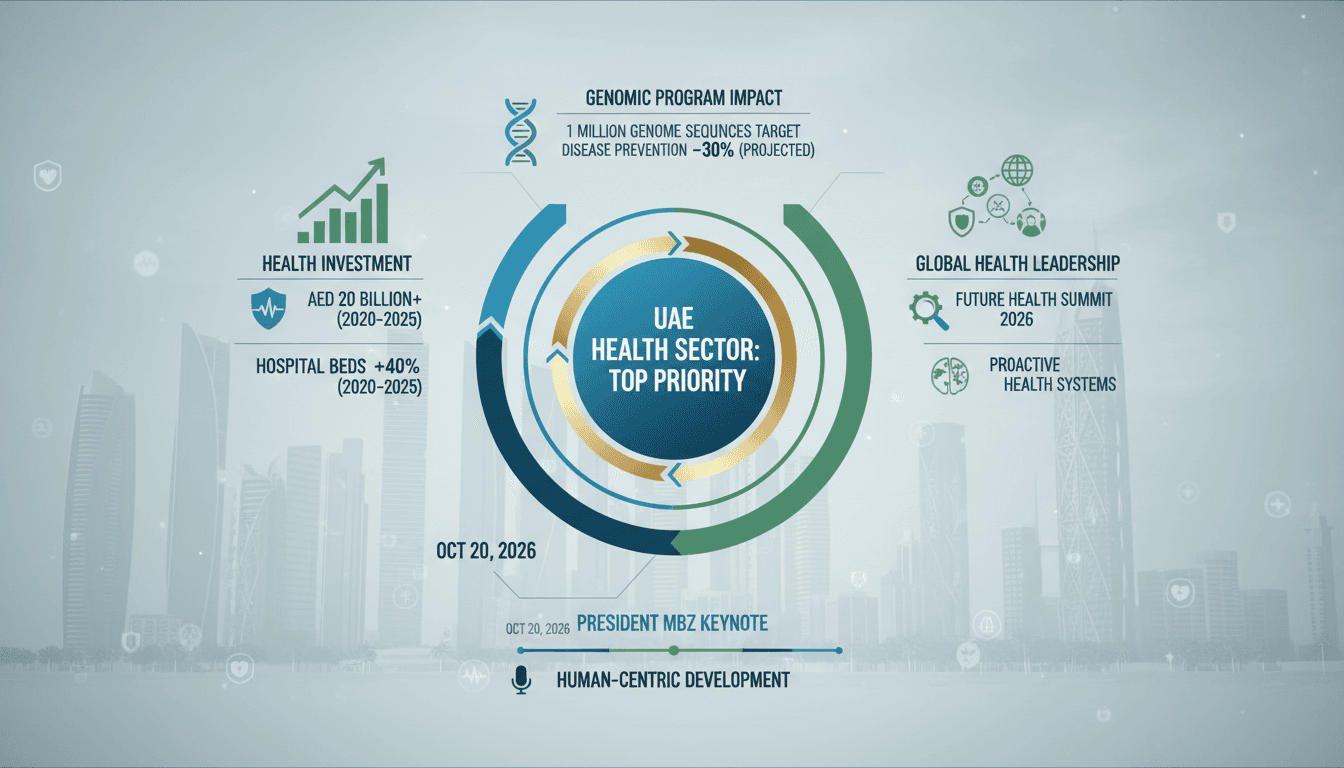 Infographic illustrating UAE's health sector priorities and genomic program impact.