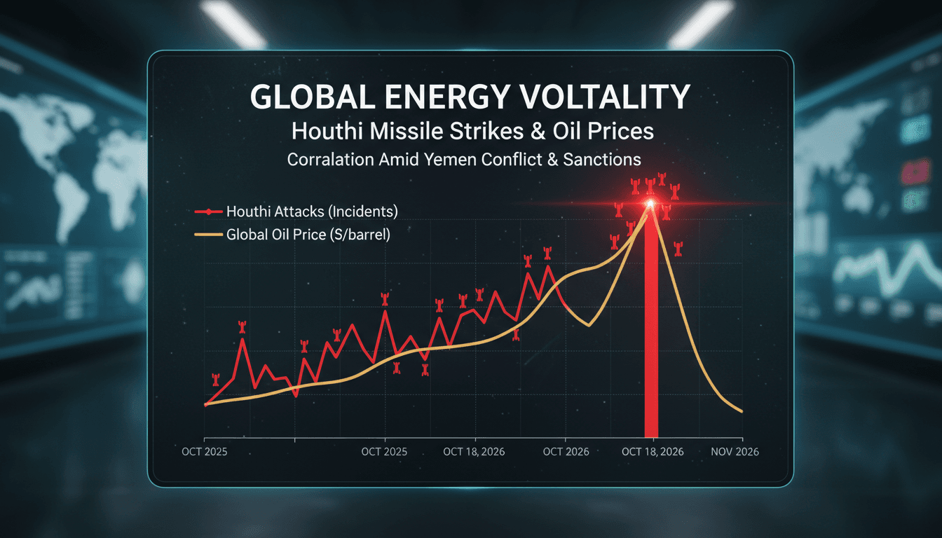 A visual representation of Houthi missile strikes impacting oil prices and global supply chains.