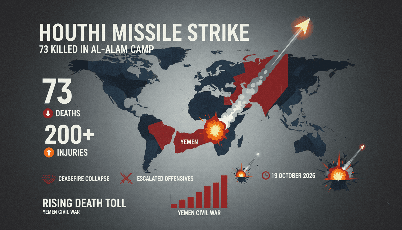 Infographic showing the impact of the Houthi missile strike on security recruits in Yemen.