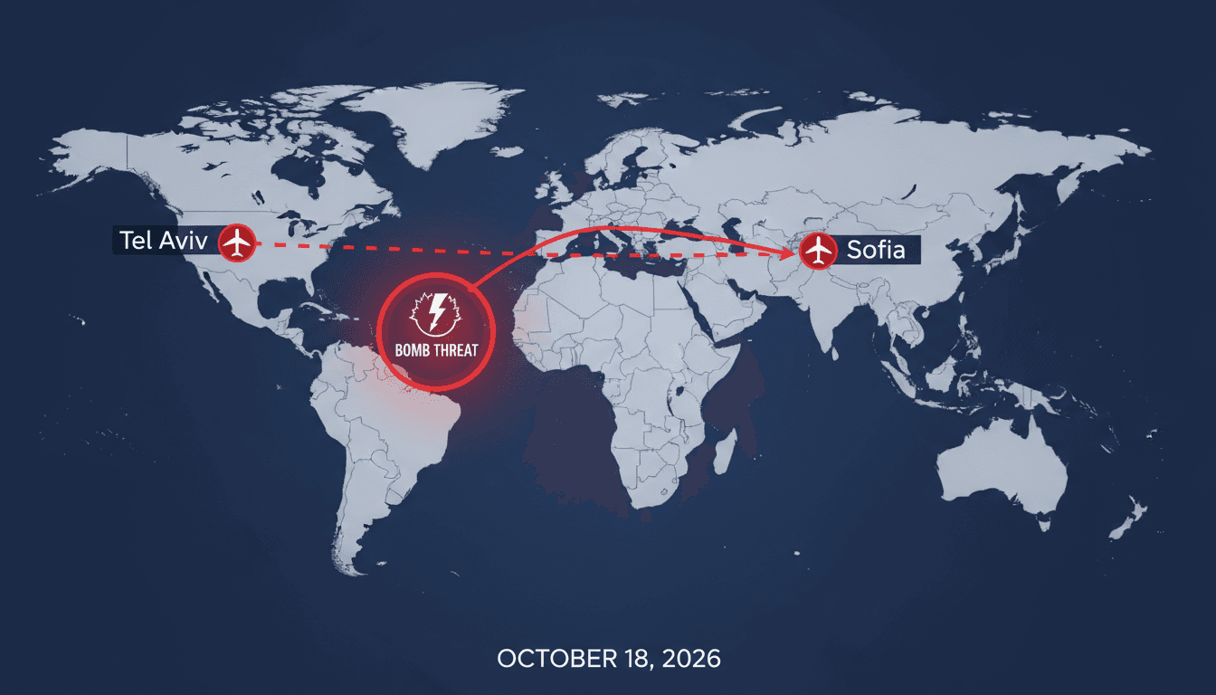 A graphic showing the diverted flight path of Austrian Airlines OS82 from Tel Aviv to Vienna via Sofia due to a bomb threat.