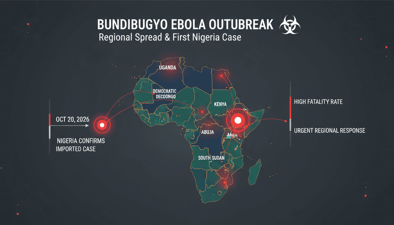 Map showing the spread of the Bundibugyo Ebola outbreak in Africa, highlighting Nigeria's first case.