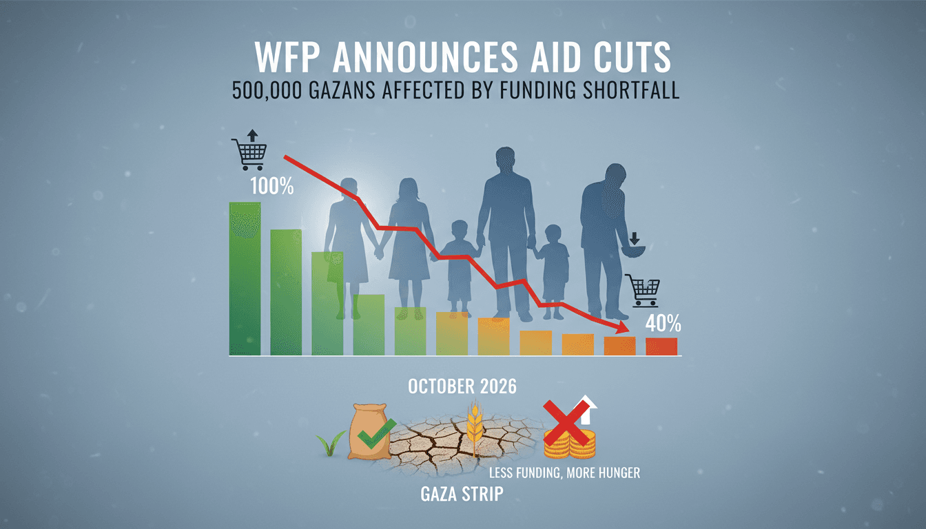 Infographic illustrating WFP aid cuts affecting 500,000 Gazans and the implications for food security.