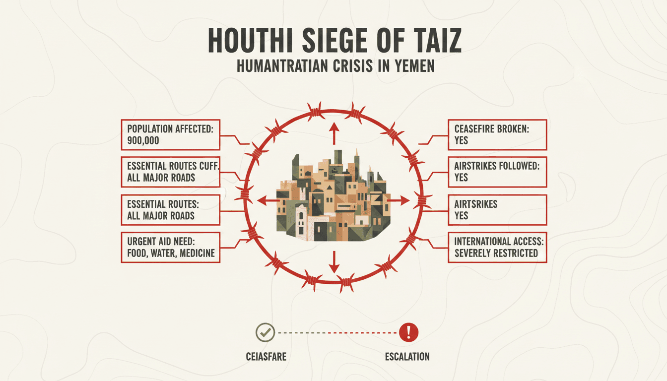 A map showing the encirclement of Taiz, Yemen, highlighting the humanitarian crisis and affected population.