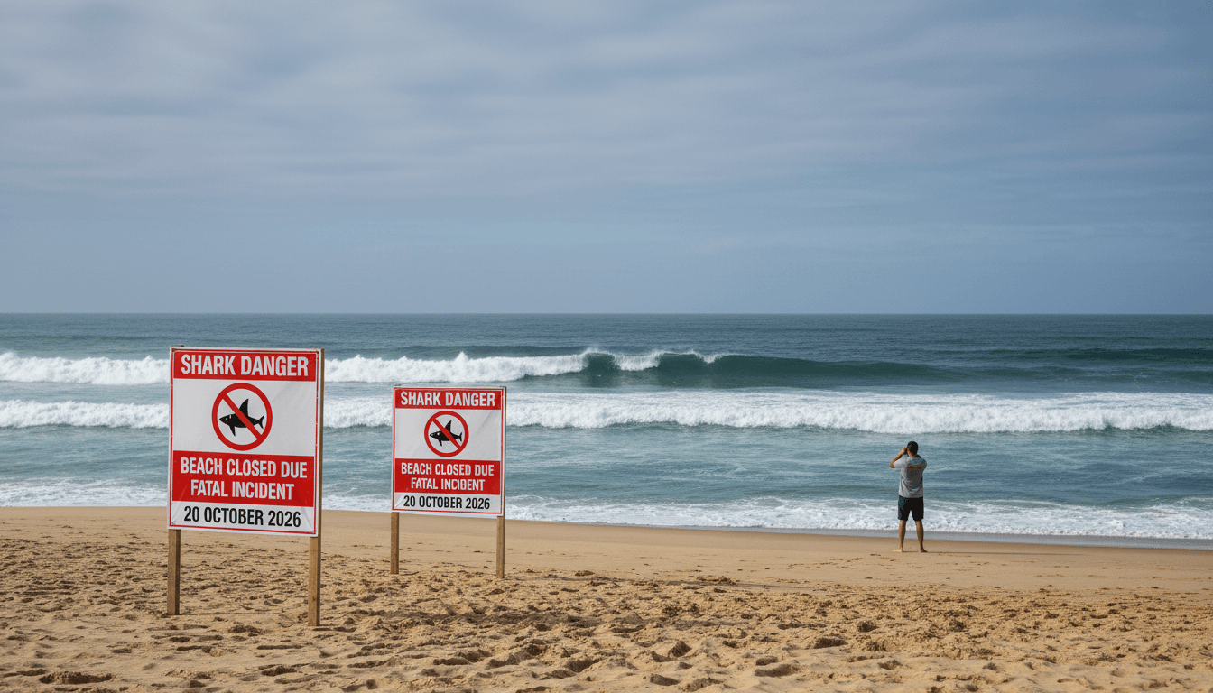 A beach scene at Orient Beach, South Africa, with safety signs about shark attacks.