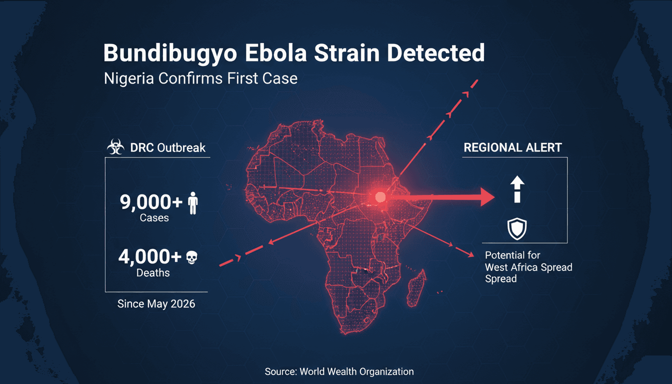 Map highlighting Nigeria's first Bundibugyo Ebola case and statistics from the DRC outbreak.