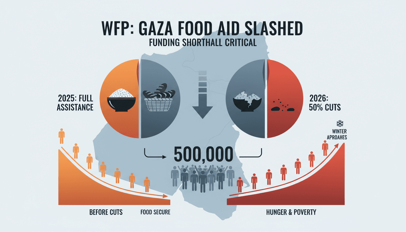Infographic illustrating the reduction of food assistance in Gaza by the WFP and its implications.