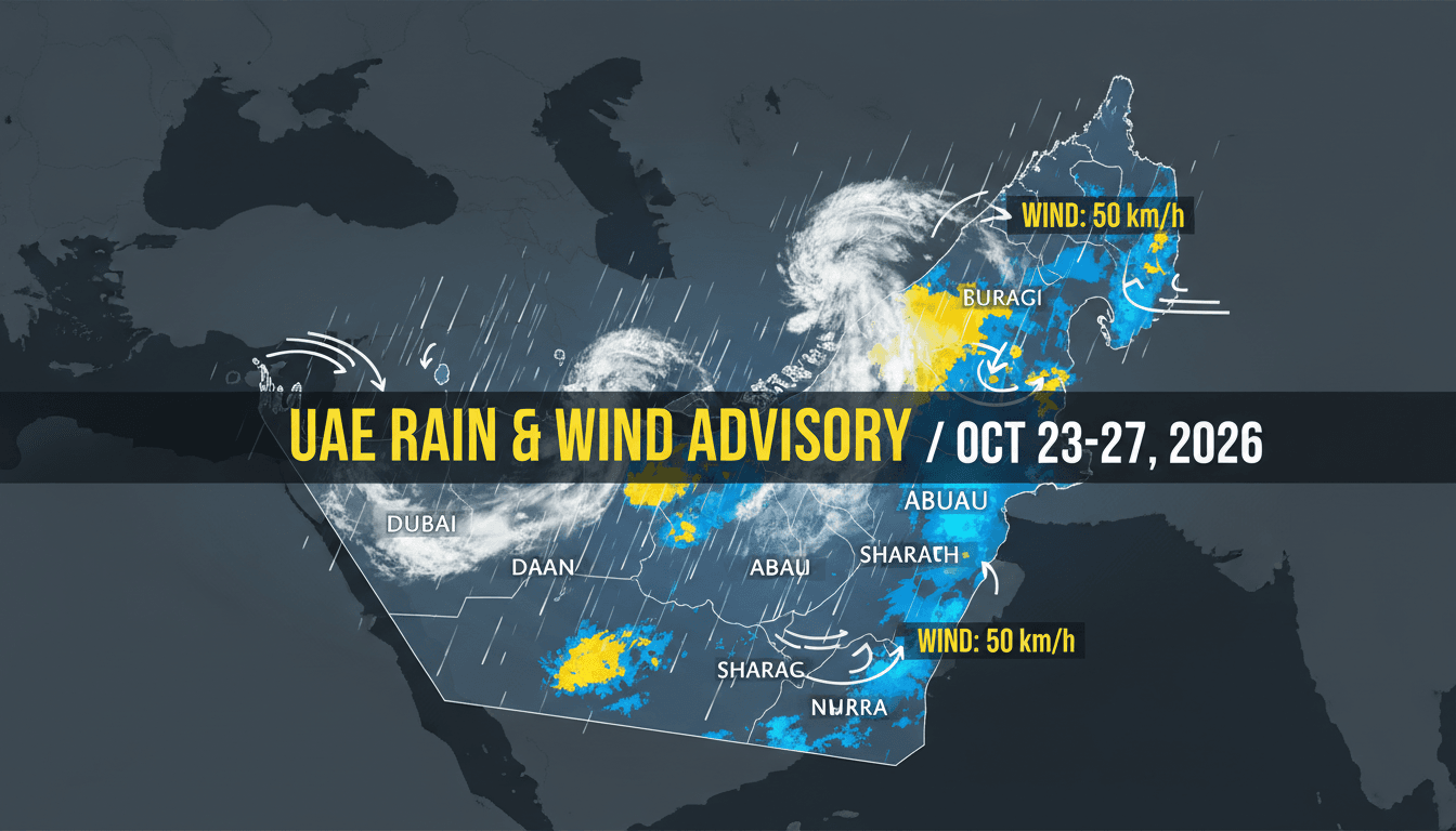A weather map of the UAE highlighting areas of rain and wind speeds up to 50 km/h.