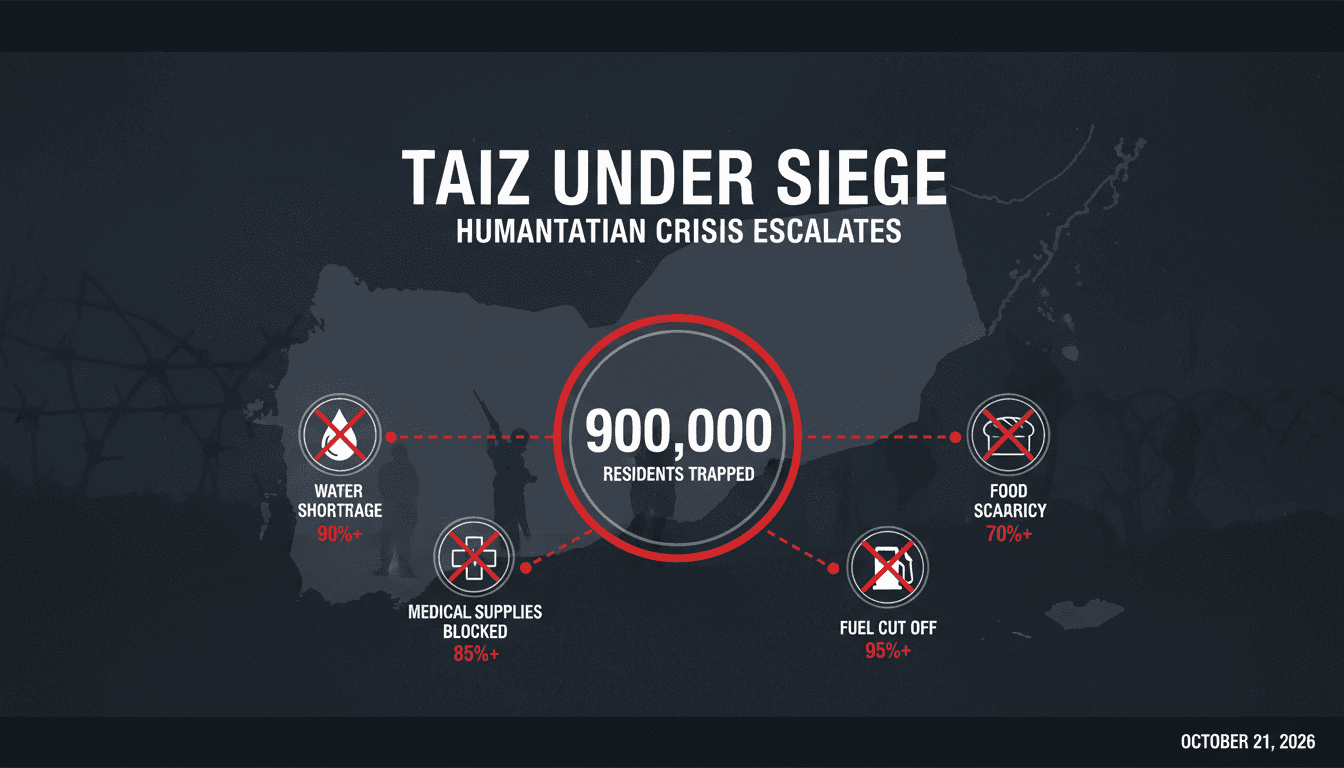A map highlighting Taiz City in Yemen, showing the humanitarian crisis and siege impacts.