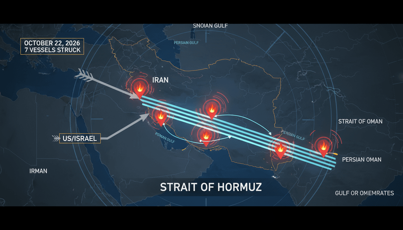 Map of the Strait of Hormuz showing recent vessel incidents and shipping lanes.
