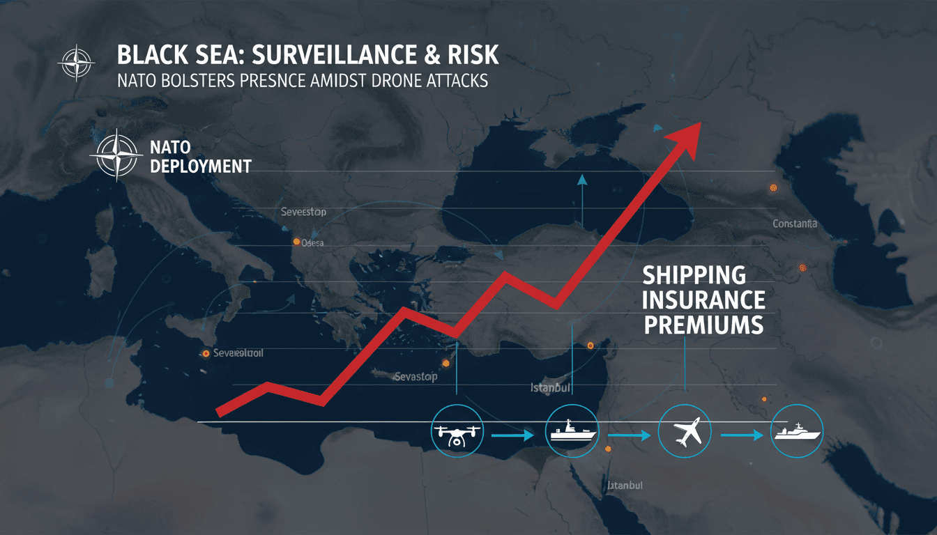 Infographic showing NATO's surveillance deployment and rising shipping insurance costs in the Black Sea.
