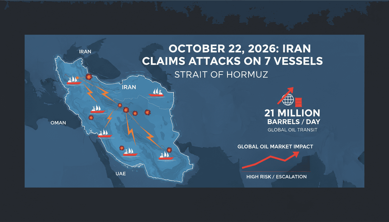 Map of the Strait of Hormuz highlighting vessel incidents and oil transit statistics.